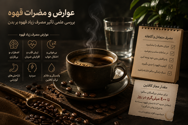 عوارض و مضرات قهوه چیست؟ بررسی علمی تأثیر مصرف زیاد قهوه بر بدن